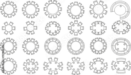 Round conference table seating layout collection, circular boardroom arrangement top view office meeting room furniture floor plan vector outline set