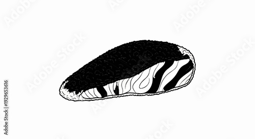 Stylized illustration of a sushi roll with black caviar and salmon