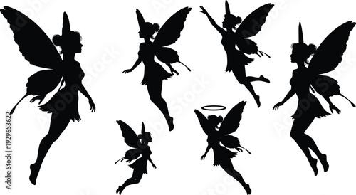 Black silhouettes of fairies in various poses fairy white background wings