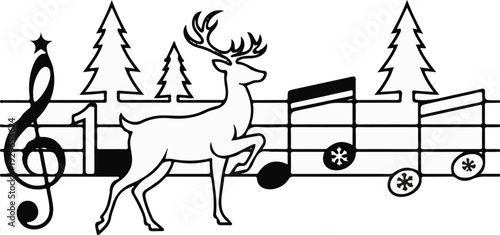 Festive deer and trees on musical staff with snowflake notes