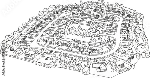 A black and white sketch of a residential neighborhood with curving roads and numerous houses