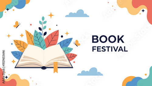 Colorful book festival banner featuring an open book surrounded by vibrant autumn leaves and flying butterflies on white.