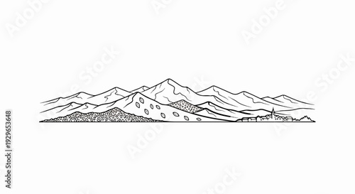 A line drawing of a mountain range with a village nestled at its base