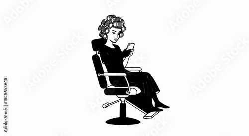 Woman with curlers on head using phone while sitting in chair