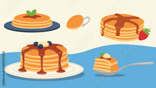 Mouth watering pancake collection featuring stacks with syrup butter berries and a slice on a spoon for breakfast menu.