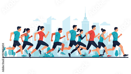 Large group of diverse men and women in sportswear running together on a city marathon track against urban skyline.