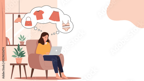 Young woman sitting in an armchair using laptop to shop online for clothes shoes and accessories in a cozy home setting.