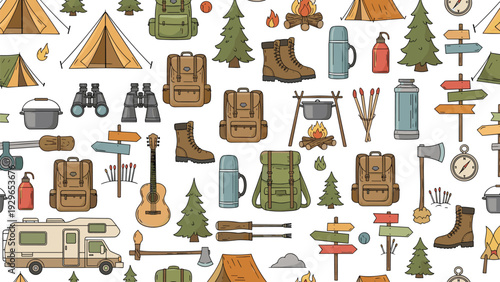 Detailed seamless pattern of various camping equipment and outdoor gear including tents backpacks boots and campfires.