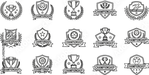 Collection of diverse sports championship trophies, badges, and laurels