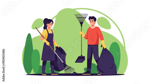 Dedicated man and woman volunteers cleaning a park and collecting waste into plastic bags to protect the environment.