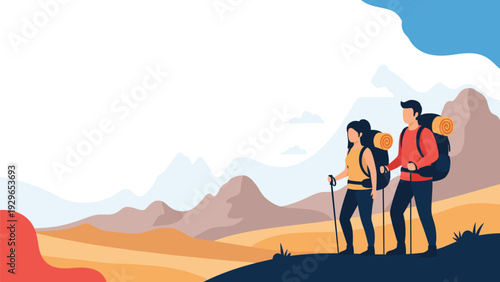 Adventurous man and woman hiking on a scenic mountain trail with backpacks and trekking poles in a beautiful landscape.