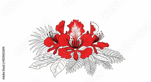 Delicate arrangement of vibrant red flowers with finely detailed foliage