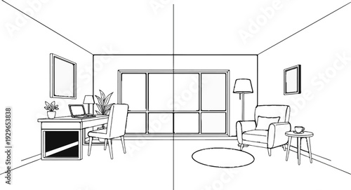 Interior scene split showing a desk with laptop and chair, and an armchair with side table