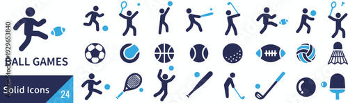 Ball games solid icons vector. modern flat line vector illustration. various sports activities and equipment pictogram