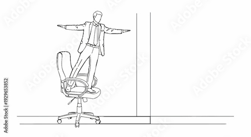 Man in suit balancing on office chair with arms outstretched