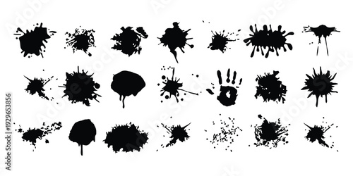 Abstract black ink splatters and stains, dynamic splash shapes for design