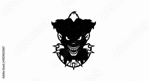 A menacing black and white drawing of a clown's face with sharp teeth