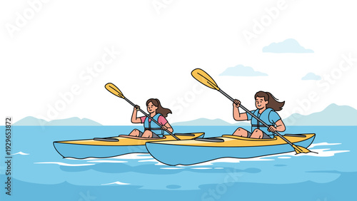 Two women in life jackets enjoy kayaking together on the calm blue sea with mountains and clouds in the distant horizon.