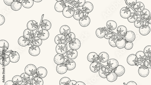 Hand drawn seamless pattern of fresh cherry tomatoes on green vines over a light background for food packaging and kitchen decor.