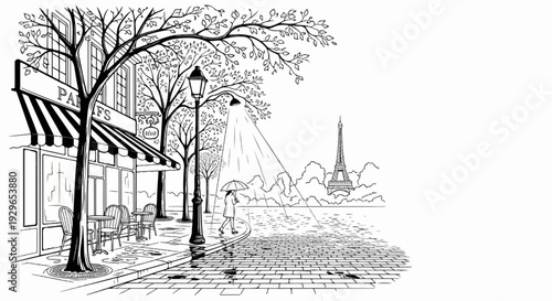 Parisian street scene with cafe, Eiffel Tower, and person with umbrella
