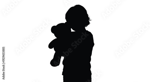 Child silhouette tightly hugging a beloved teddy bear toy illustration against white background
