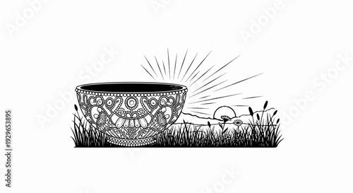 Ornate bowl sits in grass with sunburst and distant sunset behind hills