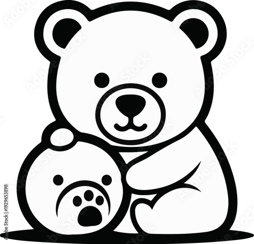 A cartoon bear hugs a small, round creature with a sad face and paw