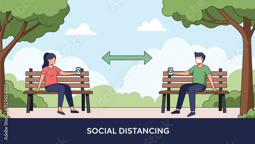 Man and woman sitting on separate park benches with a social distancing arrow between them for health safety in public spaces.