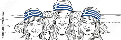 Three smiling children in wide-brimmed hats decorated with the Greek flag
