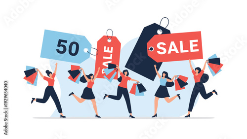 Happy women running with shopping bags and sale price tags celebrating big discounts and seasonal retail promotions in a store.