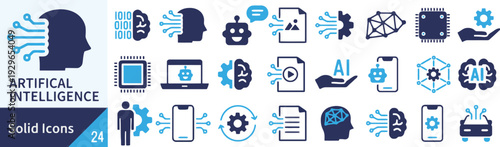 Artificial intelligence flat solid icons set for technology and digital concept