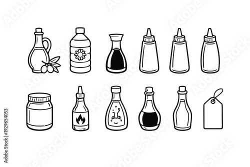 Assorted bottles and containers for kitchen ingredients and condiments