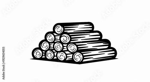 A stylized black and white depiction of a pyramid stack of logs
