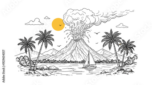 Hand drawn sketch of a volcano erupting on a tropical island with palm trees, a sailboat on the water, and birds in the sky.