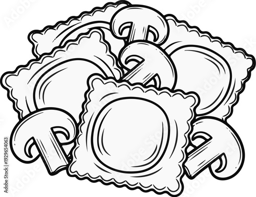 A line art illustration of stacked ravioli and sliced mushrooms