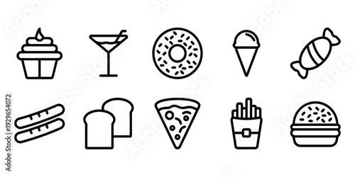 Assorted food and drink icons including sweet and savory items for menus