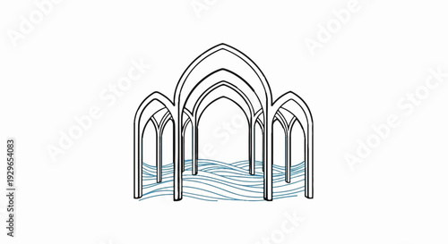 Ornate arched structure rises above rippling blue water