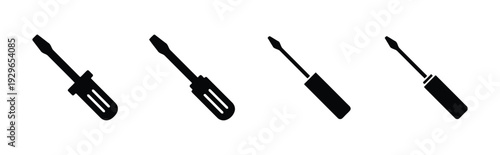Assortment of black screwdriver icons on white background, indicating repair and tools