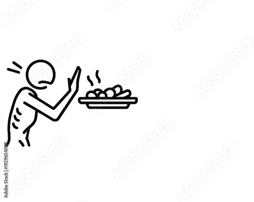 A stick figure recoils from a plate of steaming food, gesturing to refuse it