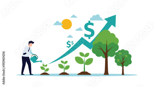 Businessman watering a row of growing plants that follow a rising green arrow with dollar signs representing financial growth.