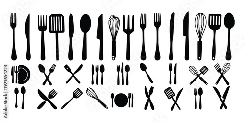 Assortment of kitchen utensil icons and cooking tools for culinary designs and themes