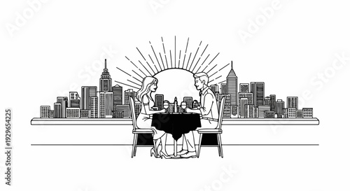 Couple enjoys romantic dinner on rooftop overlooking city skyline at sunset