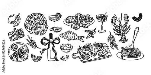 Assortment of hand drawn seafood and Italian food icons, doodle style