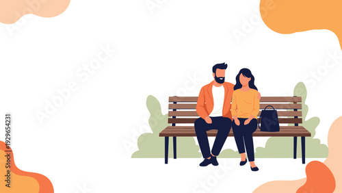Romantic couple sitting together on a wooden park bench with abstract colorful shapes and trees in a peaceful outdoor setting.