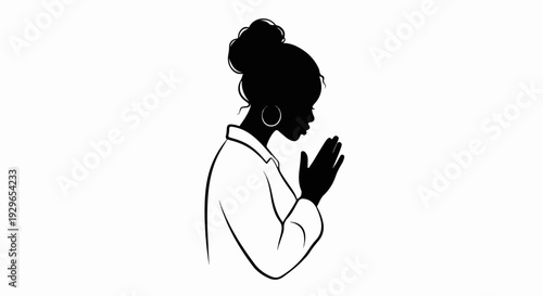 Silhouette of a woman with her hands clasped in prayer, wearing hoop earrings and a collared garment