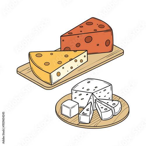 Isolated vector illustration of a healthy breakfast meal featuring a cartoon slice of yellow bread and dairy cheese on a white plate icon