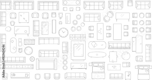 Top view furniture layout collection, architectural outline icons of sofas, tables, chairs, beds and cabinets for interior floor plan design projects