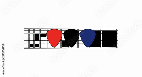 Three guitar picks arranged on a simplified fretboard grid