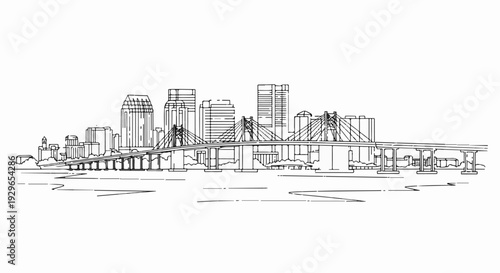 Black and white line drawing of a modern city skyline with a suspension bridge