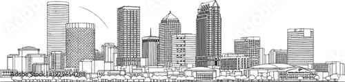 A line-art city skyline with various tall buildings and trees in the foreground